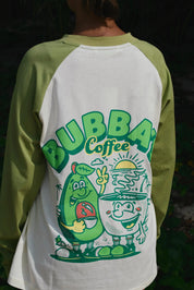 Green and white baseball shirt with 'Bubba Coffee' graphic design on a dark background