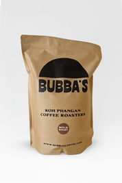 Kraft paper coffee bag with 'Bubba's' branding on a white background