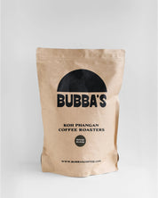 Kraft paper coffee bag with Bubba's Coffee Roasters branding on a light gray background
