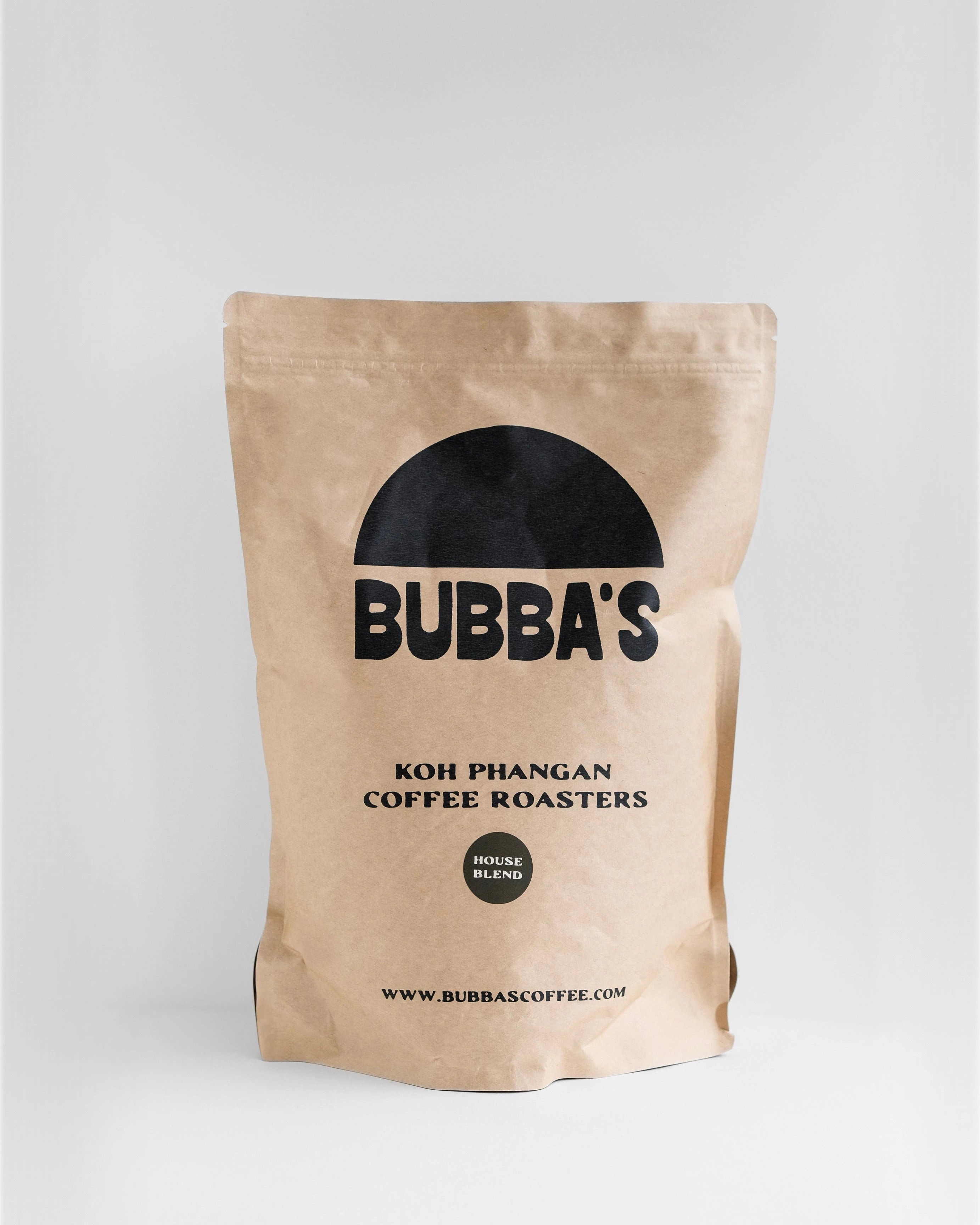 Kraft paper coffee bag with Bubba's Coffee Roasters branding on a light gray background