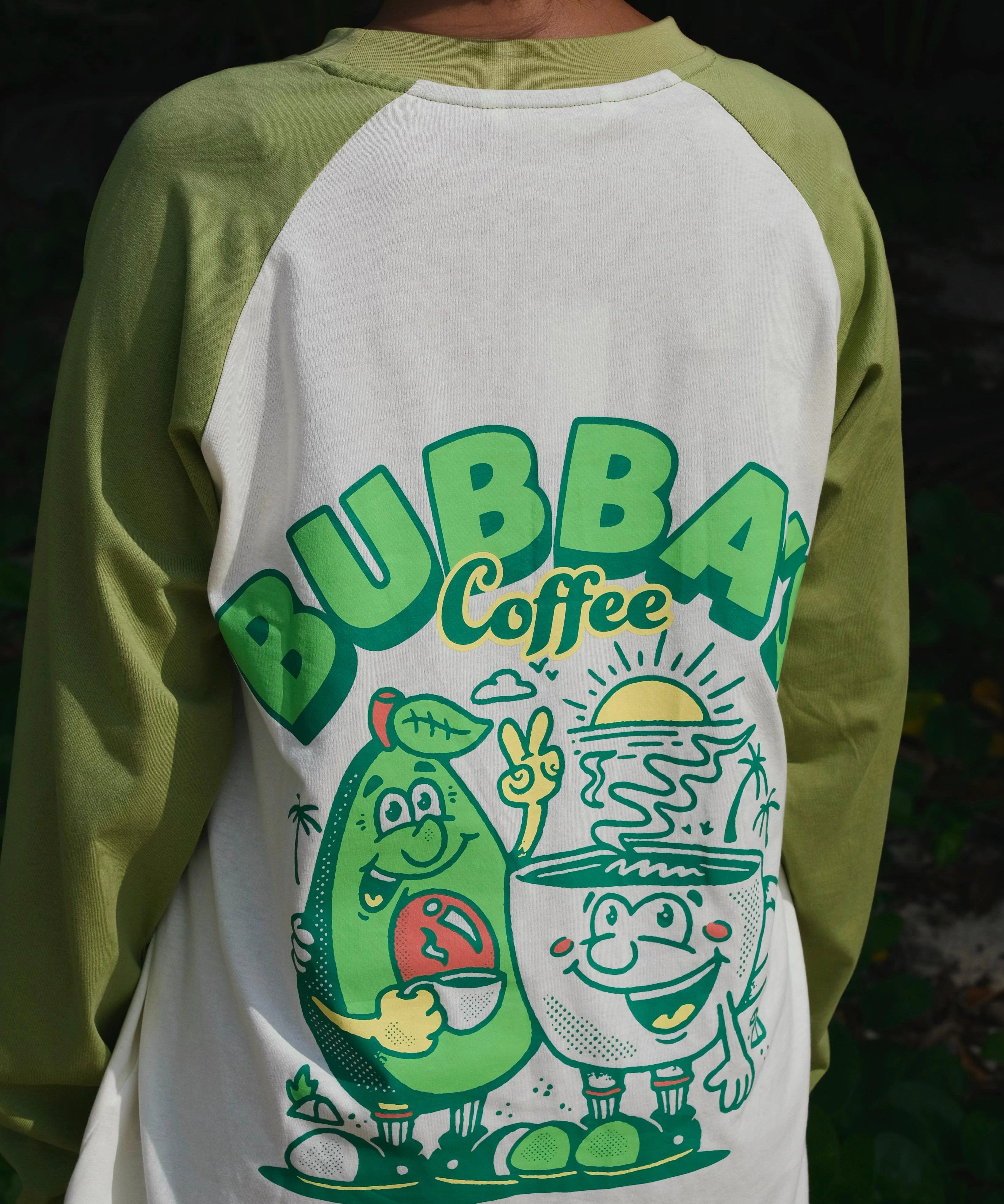 Green and white baseball shirt with 'Bubba Coffee' graphic design on a dark background