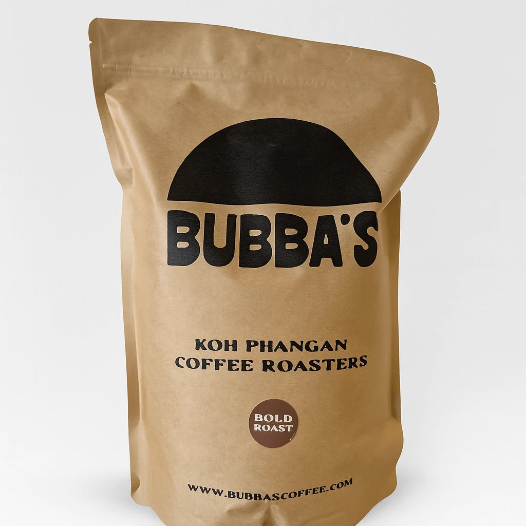 Kraft paper coffee bag with 'Bubba's' branding on a white background