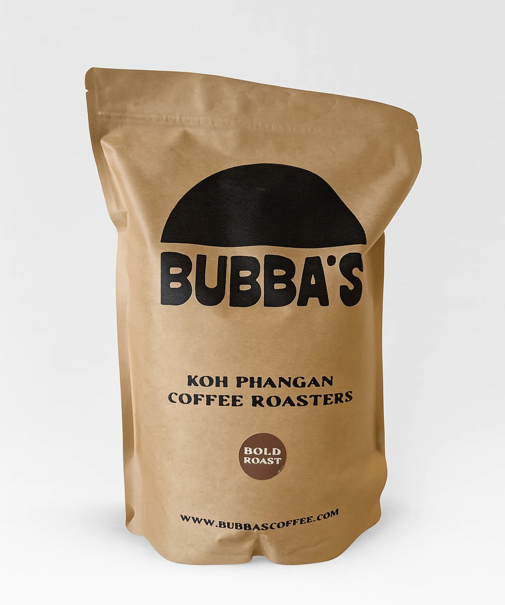 Kraft paper coffee bag with 'Bubba's' branding on a white background
